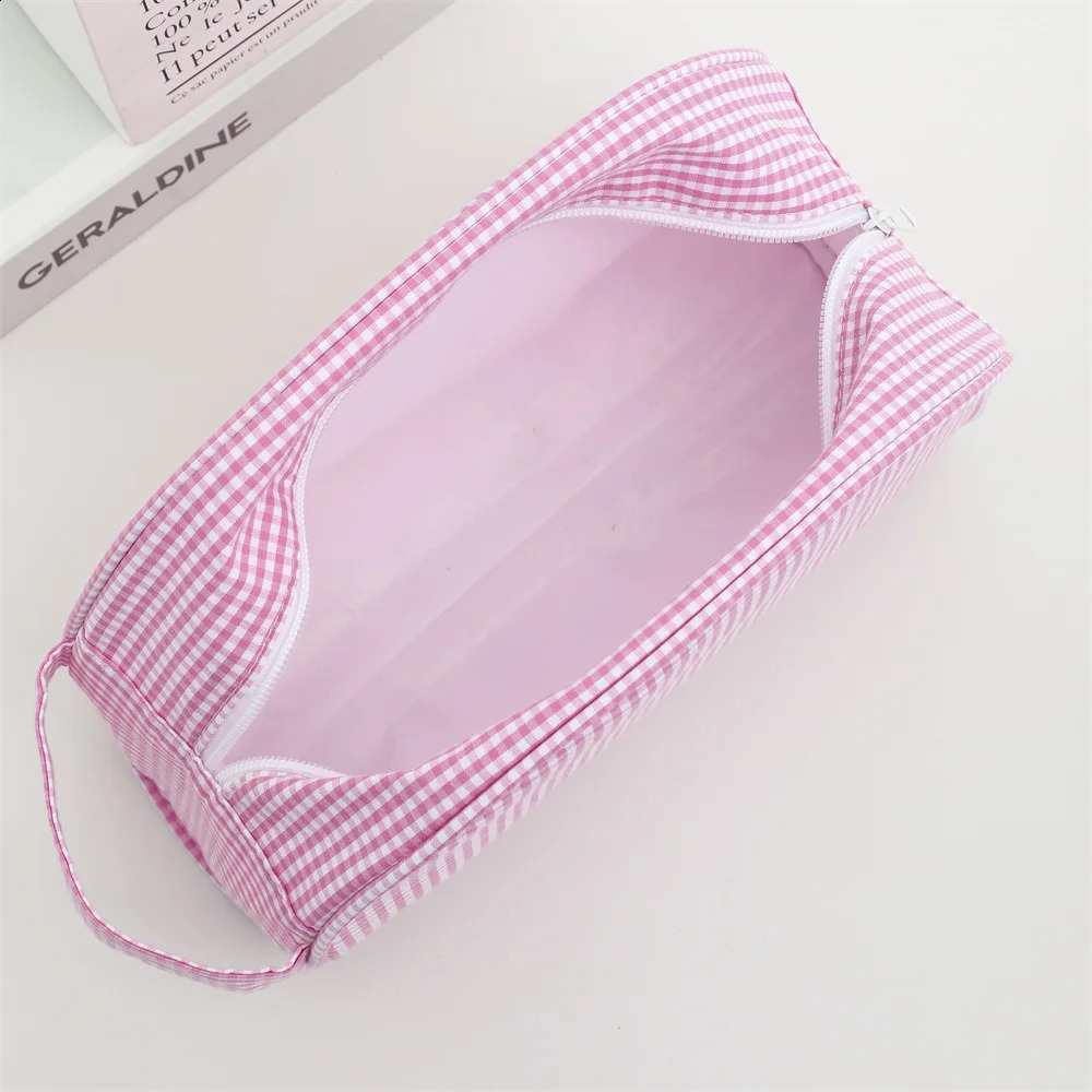 Plaid Cosmetic Bag For Women Makeup Pouch Large Travel Checkered Purse Pink/Blue Shell Bag Toiletry Bag 250120