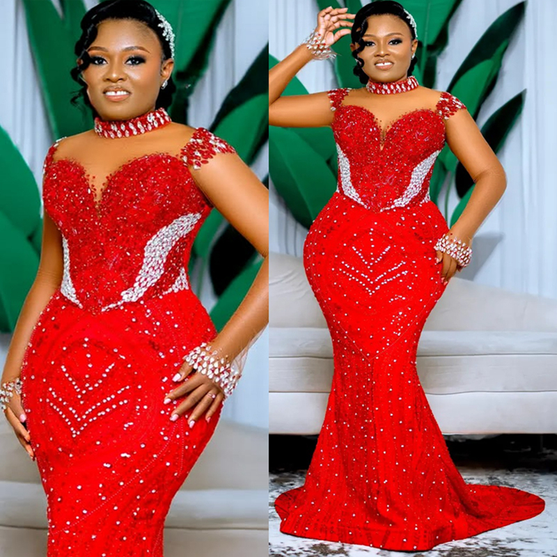 2025 Plus Size Aso Ebi Red Prom Dresses Mermaid Evening Gowns For Black Women Illusion High Neck Beaded Lace Long Sleeves Birthday Dress Second Recept
