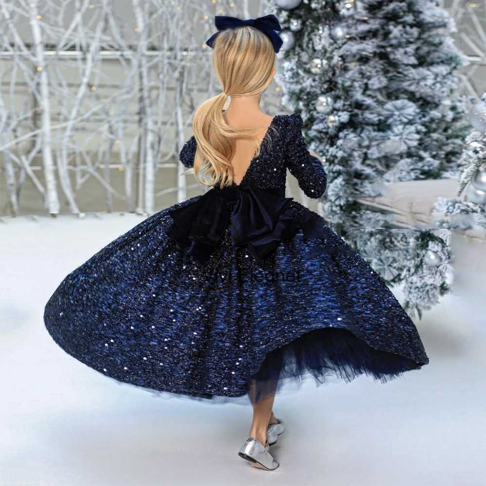 Sparking Full Sleeve Sequined Flower Girl Dresses with Bow A Line Communion Dresses Girls Winter Christmas Gown Christening 2022 X250203