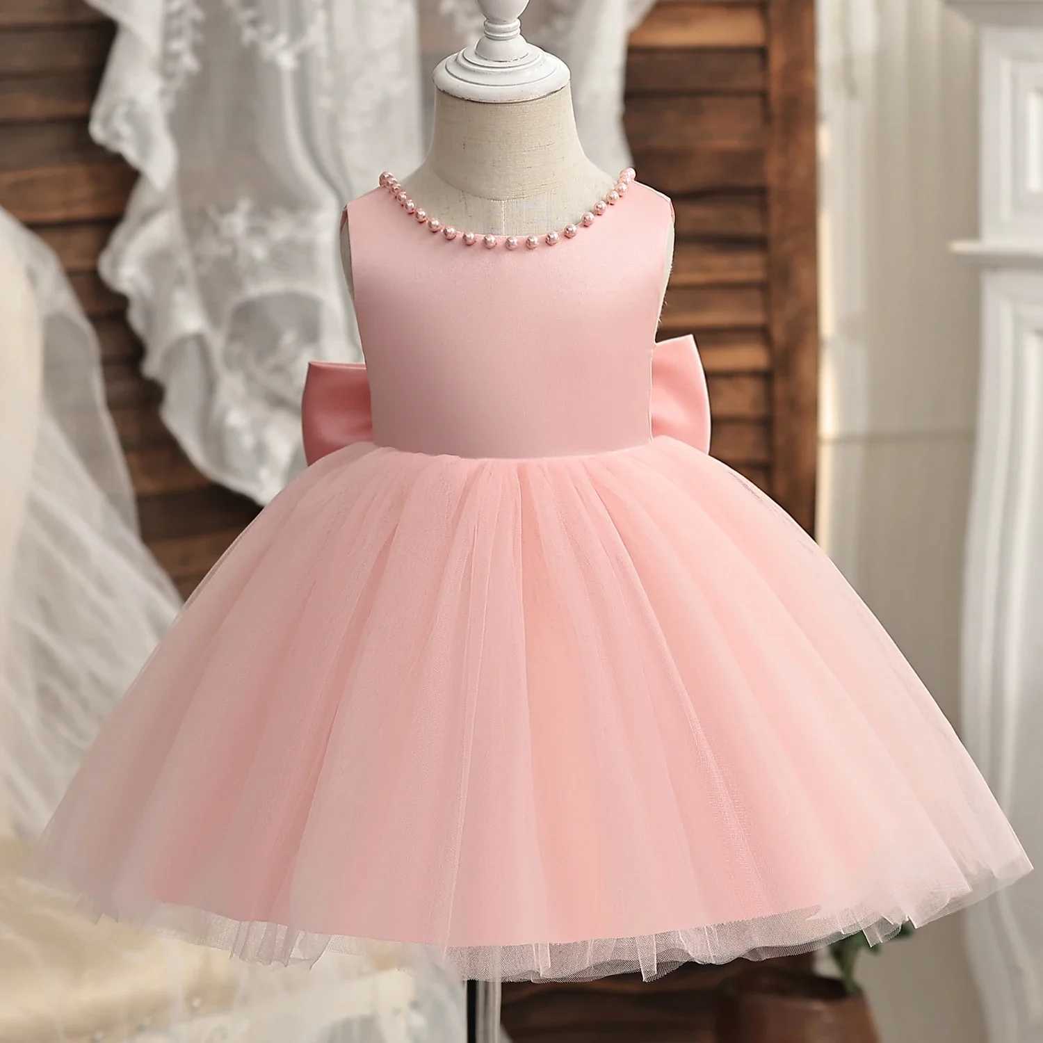 2024 Baby Bath Dress Girls and Childrens Wedding Party Dress Bow Bead Chiffon Christmas Dress X250203