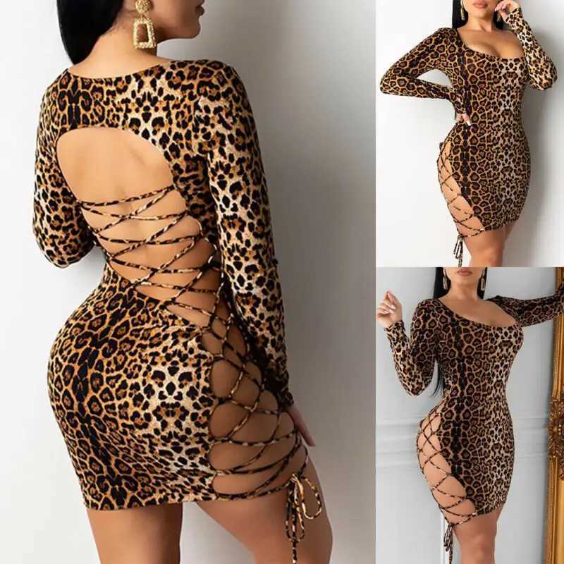 Women Sexy Long Sve Leopard Print Low Cut Hollow Out Lace Up Bandage Skinny Backless Bodycon Evening Party Club Mini DressXJ250115