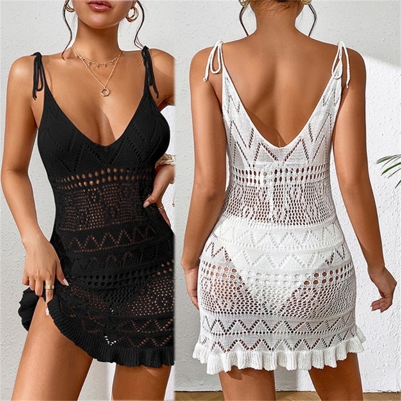 Womens Deep V-Neck Beach-Dress See-Through Crocheted Swimsuits Hollow Out Bathing Suit Cover Up For Beachwear