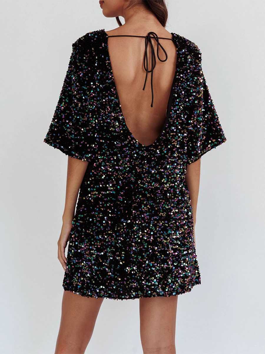 Women s Sequin Dress Casual Loose Sparkly Round Neck Short Sve Open Back Tie-Up Mini T-Shirt Dress for Party ClubXJ250115