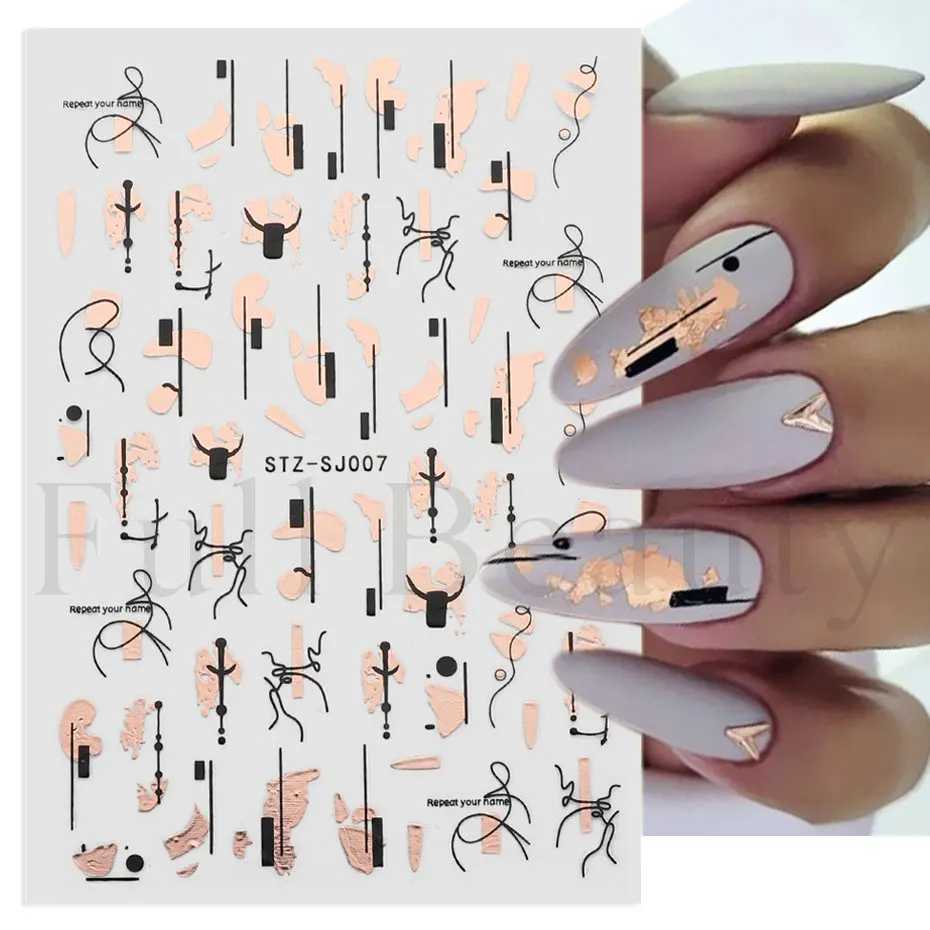 Metal Graffiti Line Nail Stickers Rose Gold 3D Laser Abstract Face Black Bronzing Geometric Leaf Decals Nail Design Decor SliderXJ250120