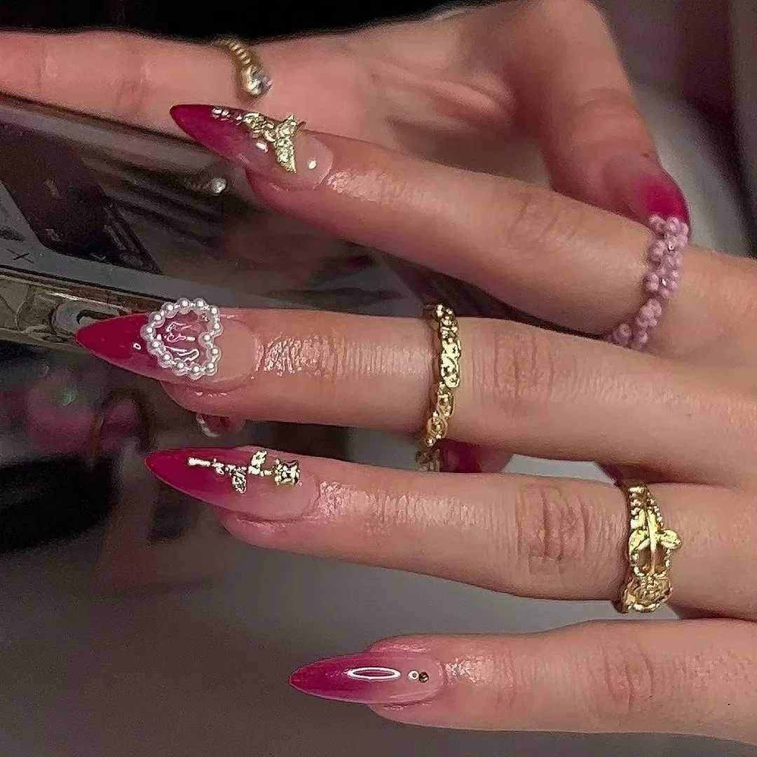 24Pcs Glossy Long Coffin Press On Nails White French Style False Nails With Bow And Design Glitter Rhinestone Fake NailsW250120