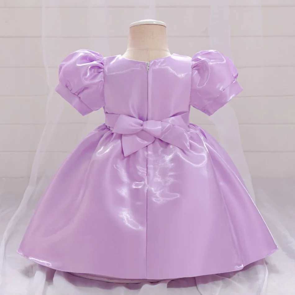 Fold Bow Baby Girls Party Dress Puff Sleeve Purple 1st Birthday Wedding Princess Dresses for Kids Baptism Bridemaid Prom Costume X250203