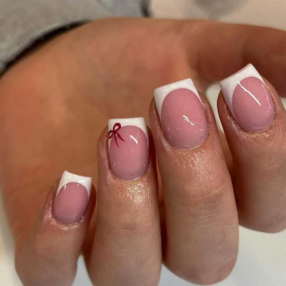 24pcs short square press nails simple white French nails with bow trim short coffin shaped fake nails for women and girls incW250120