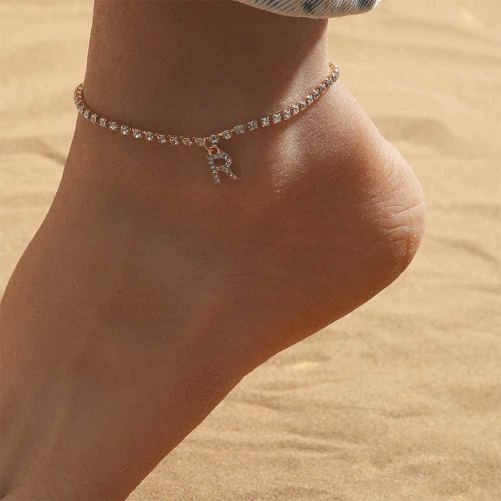 Fashion Creative Initial Letter Alphabet Pendant Rhinestone Shiny Beach Anklet Chain Foot Jewelry Ankle Bracelets for Women BohoXJ250121
