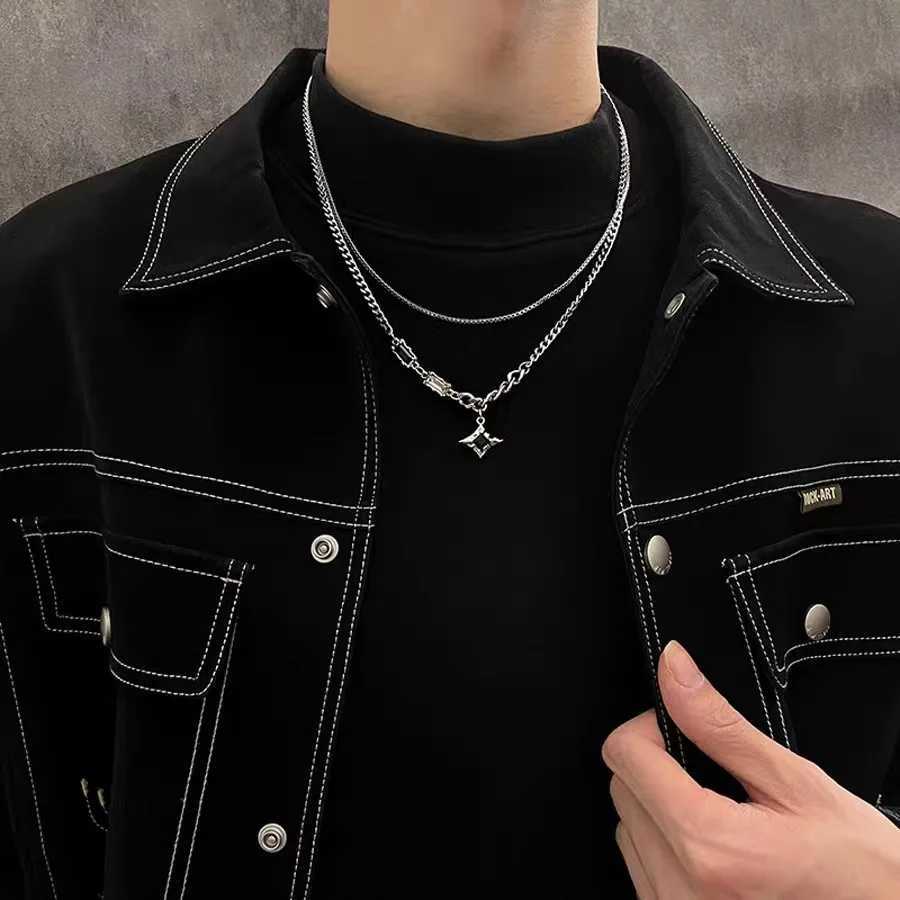 2024 New Y2K Cuban Figaro Chain Star Moon Pendant Necklace Men Punk Black Zircon Chain Choker Necklace for Men Jewelry GiftsXJ250121