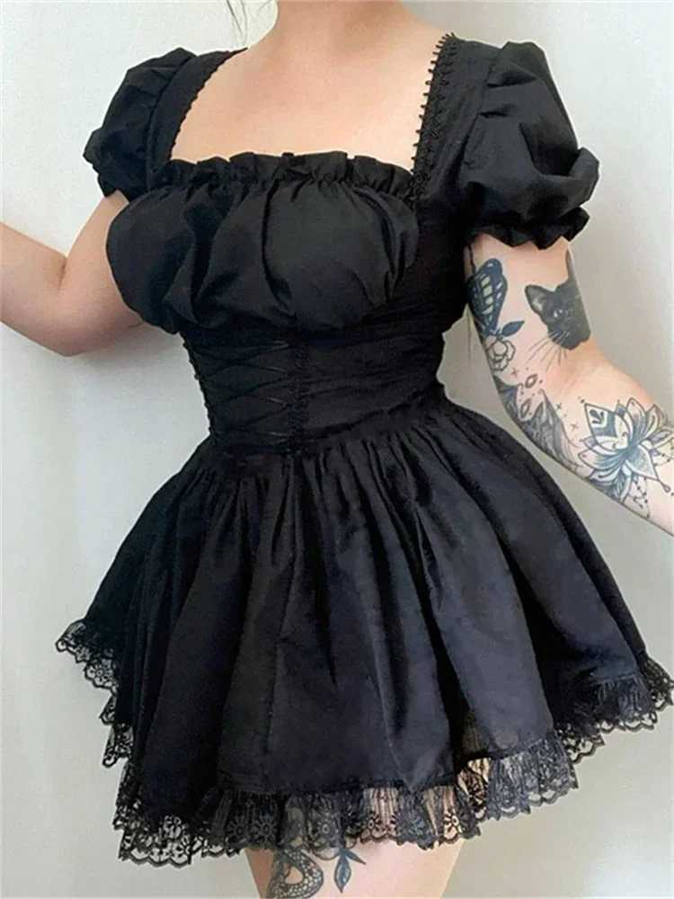 Women Summer Dress Puff Short Sve Square Neck Corset Tie-up A-line Dress Y2K Aesthetic Vintage Lolita Dresses FeXJ250115