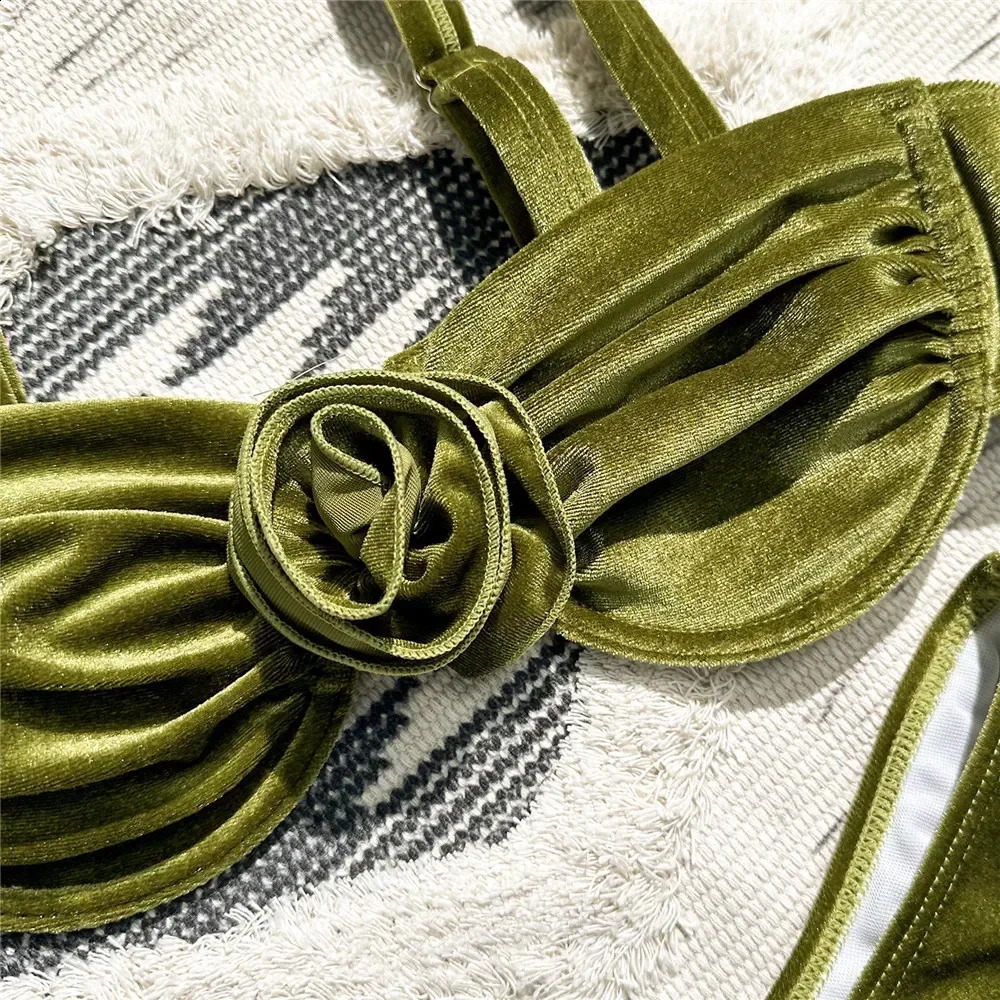Sexy Green Velvet 3D Flower Swimwear Push Up Bikinis Sets Swimsuit Women Underwired Bathing Suit Thong Bikini Mujer Biquini 250121