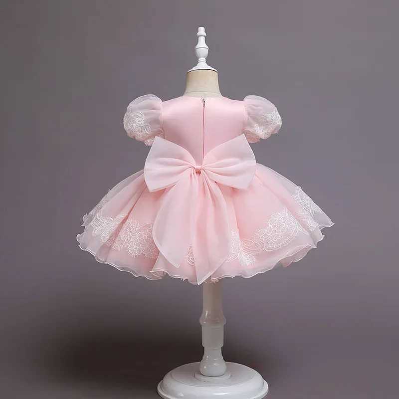 Puff Sleeve Embroidery Big Bow Baby Girl Baptismal Dress Pearl Princess Kids Dress Toddler Clothes For Newborns Dresses 1 3 6Y X250203