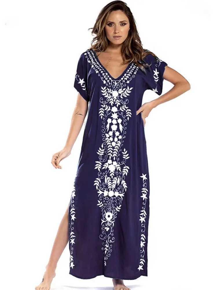 2023 Embroidery Kaftan Beach Cover Up Saida de Praia Swimsuit Women Bikini Cover-ups Tunic for Beach Pareo Sarong Beachwear Q790 W250120
