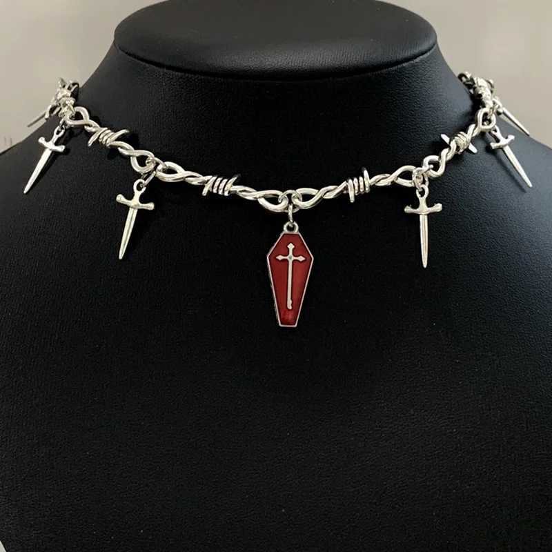 Goth Dropping Oil Bloody Coffin Pendant Choker Necklace Punk Hip Hop Jewelry Y2K Vampire Little Thorns Chain Choker GiftXJ250121
