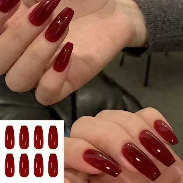 24 pieces/box long high-heeled fake nails with glue red nude pink white milk tea color jelly nail tips fully covered pressed nailsW250120
