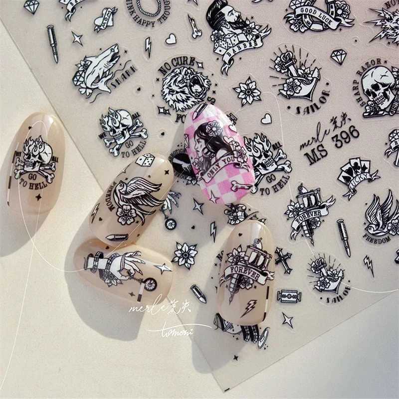 Retro Black Line Skull Man Woman 5D Embossed Relief Self Adhesive Nail Art Sticker Bear Bunny Hand Bird Horror 3D Manicure DecalXJ250120