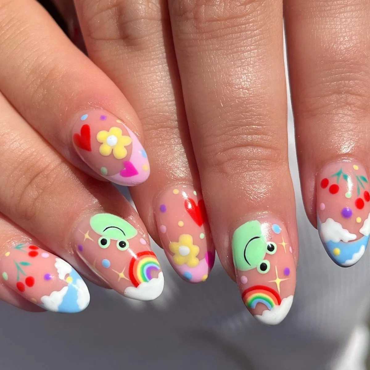 24 pieces of colorful cat eye fake nail art rainbow design complete set of nail tips simple long almond fake nails oval shaped fake nails pressed on t