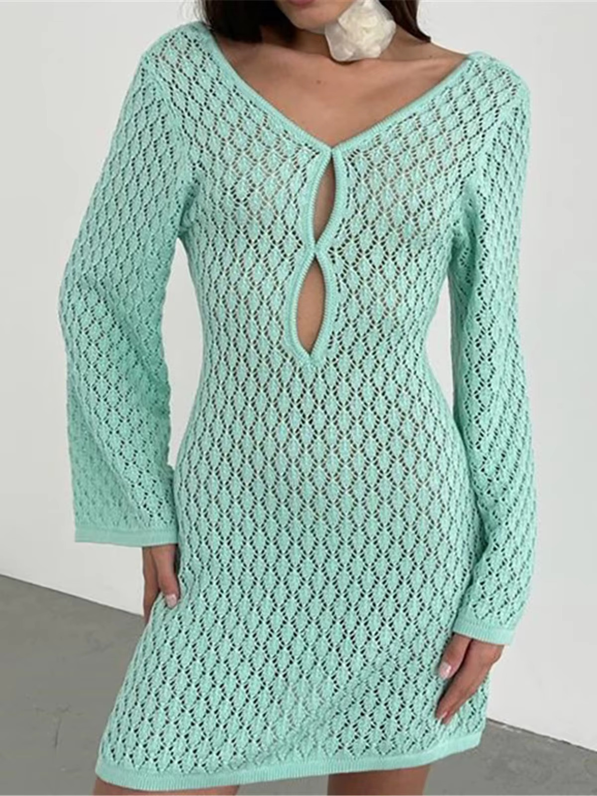 Long Sleeve Cut Out Backless Crochet Knitted Tunic Cover Up Cover-Ups Dress Beach Wear Beachwear Female Women K5436