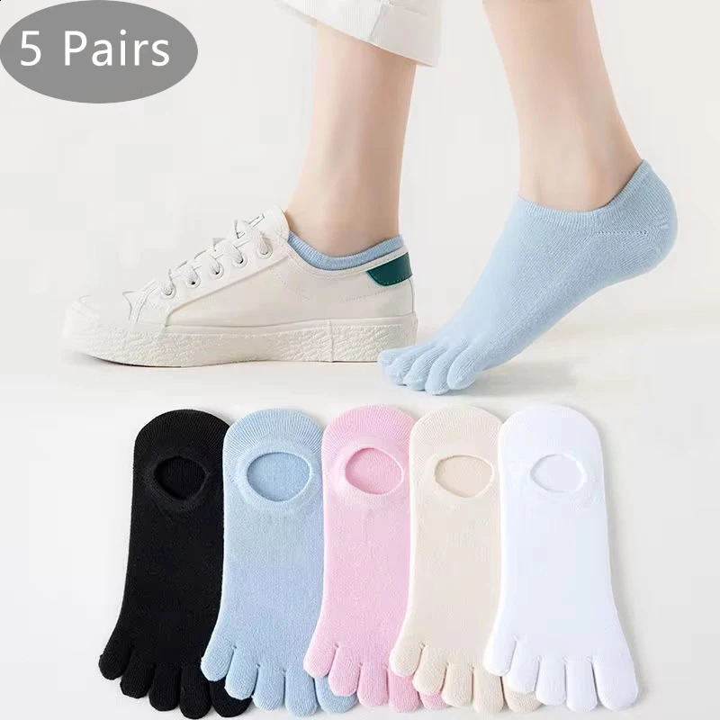5 Pairs Summer Invisible Toe Socks Woman Cotton Thin Solid Soft Shallow Mouth Breathable Deodorant No Show 5 Finger Socks 250121