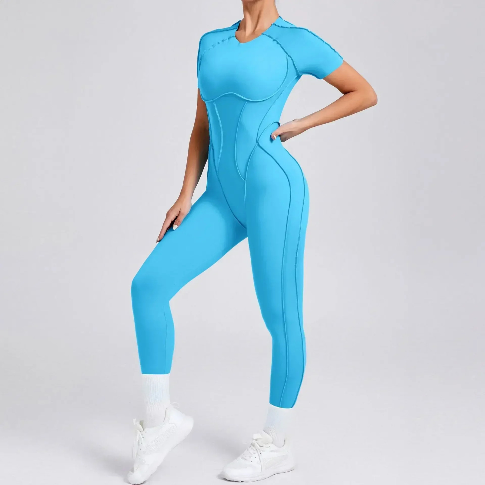 Seamless Yoga Jumpsuits Sports Fitness Hiplifting Backless Shortsleeved Onepiece Workout Gym Leggings Tracksuits for Women 250107