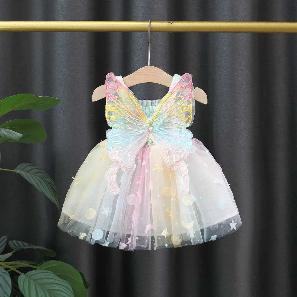 New Girls Dress Summer Butterfly Wings Colorful Dream Princess Dress Birthday Party Dress Geometric Glitter Dress Suspenders X250203