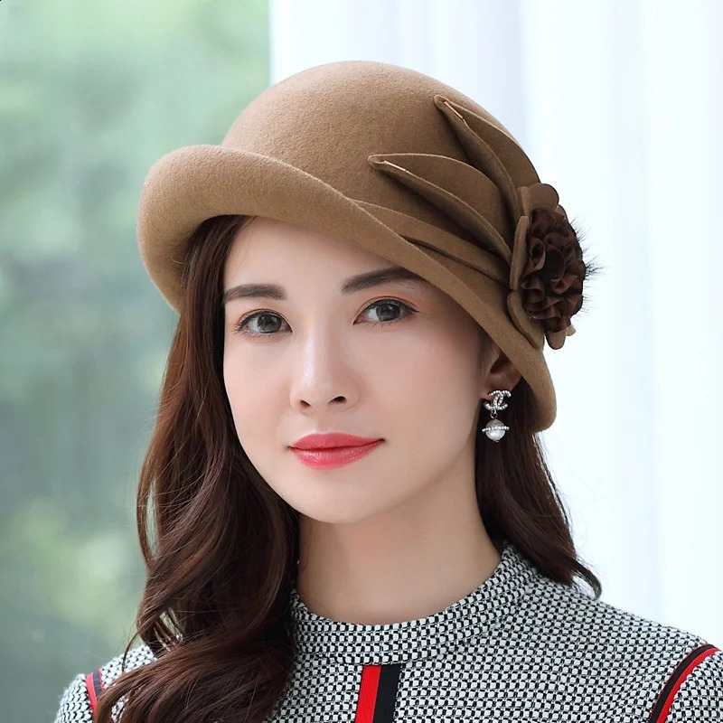 Women Winter 100% Wool Hat Mother Warm Felt Fedora Female Party Formal Asymmetric Cloche Cap 250118