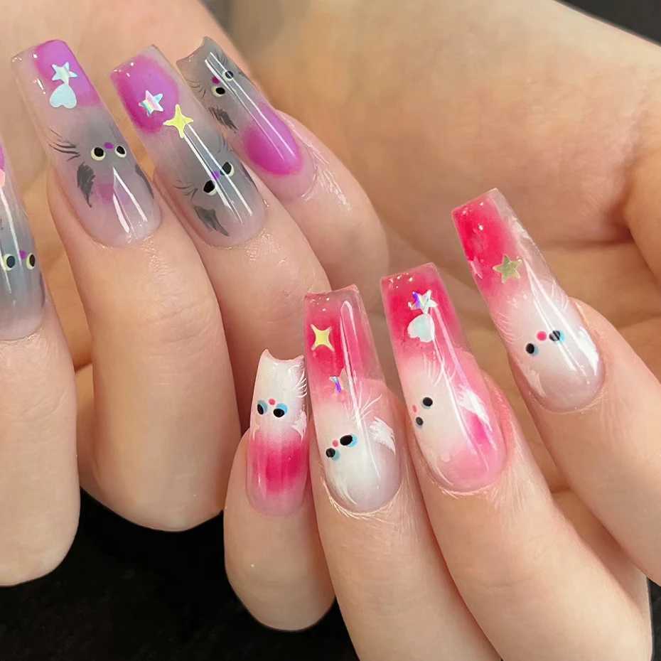 Cute White Cat Nail Stickers Decals 5D Kitten Ink Blooming Flowers Nail Art Decoration Kawaii Cartoon Decals Summer ManicureXJ250120