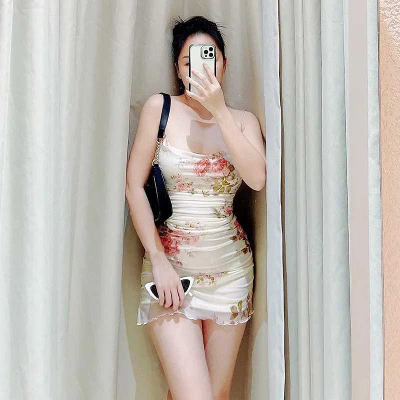 Puloru Chic Flower Print Spaghetti Straps Mini Dress for Party Beach Holiday Women Casual Sveless Ruched Wrapped Short DressXJ250115