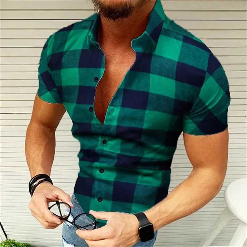 Mens New fashion trend Plaid Shirt Short Sleeve Slim Button Lapel Shirt Casual in Spring and summer Top clothing Single shirtXJ250121