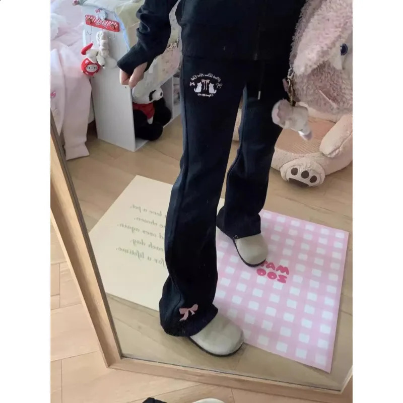 Embroidered Bows Y2k Grey Flare Pants Drawstring Harajuku Long Sports Pants High Waist Japanese Cute Mens Casual Pants 250122