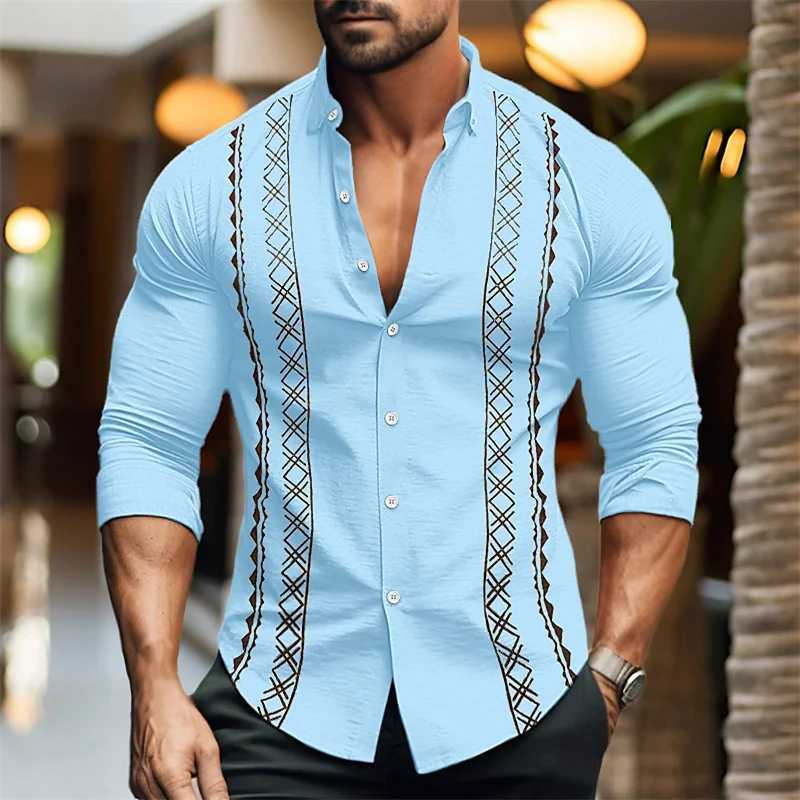 Mens button-up shirt casual business spring and summer large size long-sleeved striped print work daily vacation shirtXJ250121