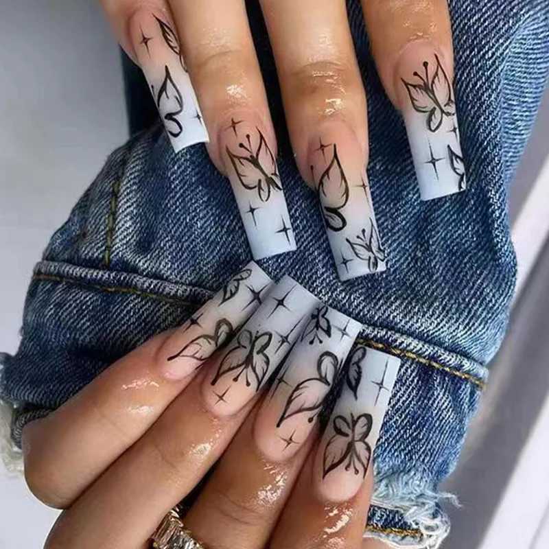 24Pcs Gradient Purple Ballet False Nails with Butterfly Rhinestone Long Square Manicure Press on Nails Wearable Fake NailW250120