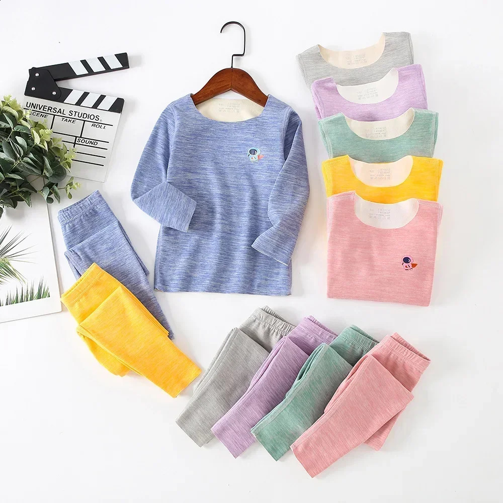 Childrens Thermal Underwear Set Boys Girls Long Johns with Fleece Cotton Sweater Winter Pajamas Baby Sleepwear Home Clothes 250121