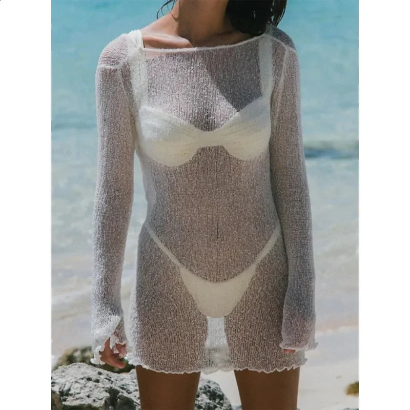 Womens beach dress sheer transparent summer swimsuit womens white bikini 250122
