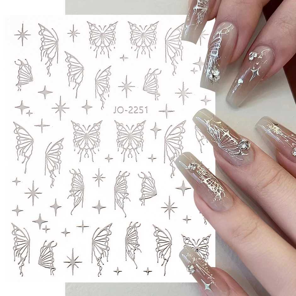 Laser Butterfly Silver Black Nail Art Sticker Hollow Y2K Nails Design Bronzing Star Moon Charms Adhesive Slider Manicure DecalsXJ250120