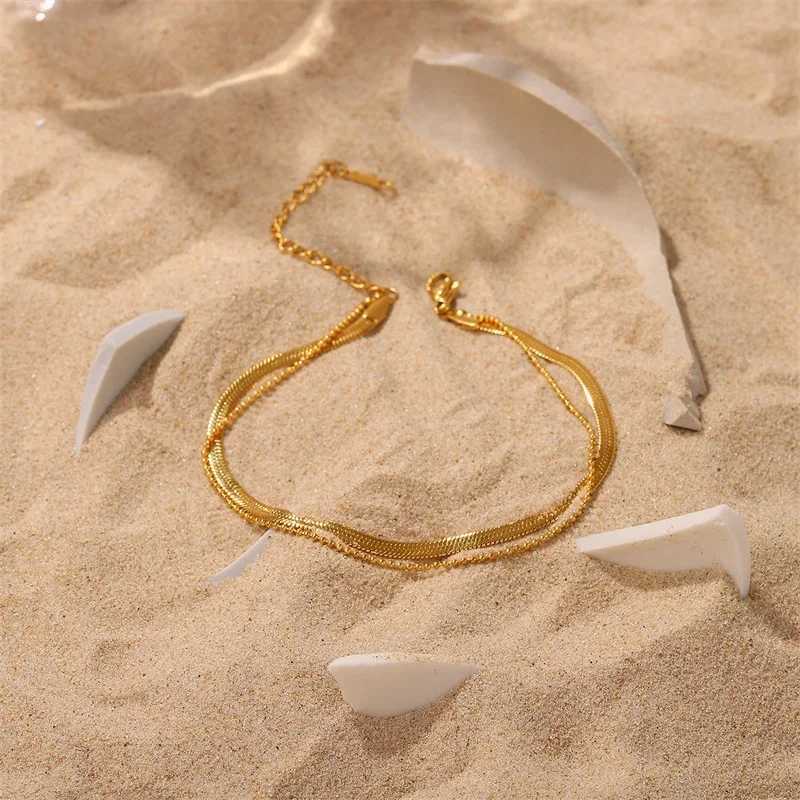 Youthway Tren Layered Gold Anklet for Women Stainl Steel Flat Snake Chain 18 K Summer Jewelry New Beach Anklets 2022XJ250121
