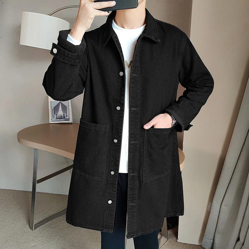 Midlength Denim Windbreaker Jacket Men Spring Autumn Casual Trench Coat Korean Fashion Solid Wild Loose Male Trendy Outerwear 250110Z