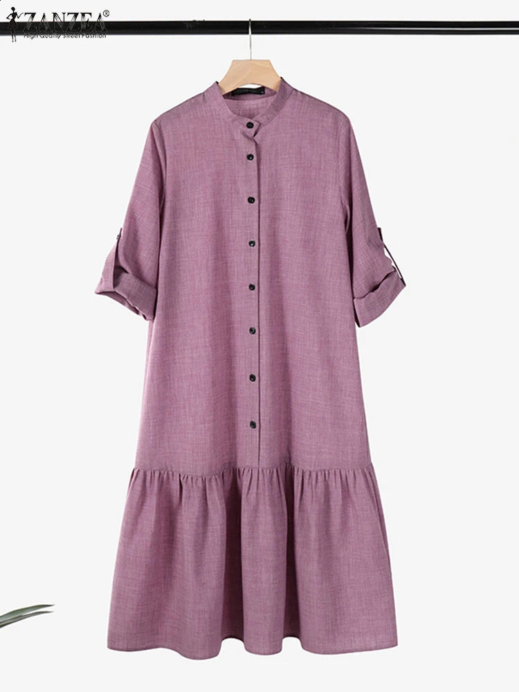 2025 ZANZEA Spring Sundress Women O Neck Long Sleeve Shirt Dress Solid Vestidos Casual Buttons Midi Robe Autumn OL Work Dresses 250122