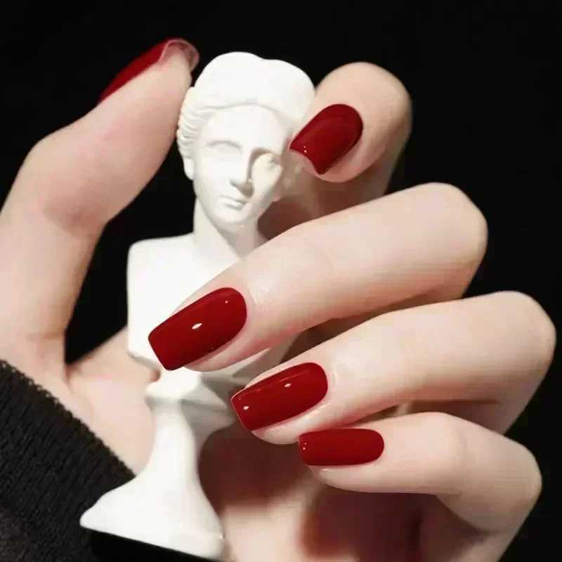 24 pieces/box long high-heeled fake nails with glue red nude pink white milk tea color jelly nail tips fully covered pressed nailsW250120