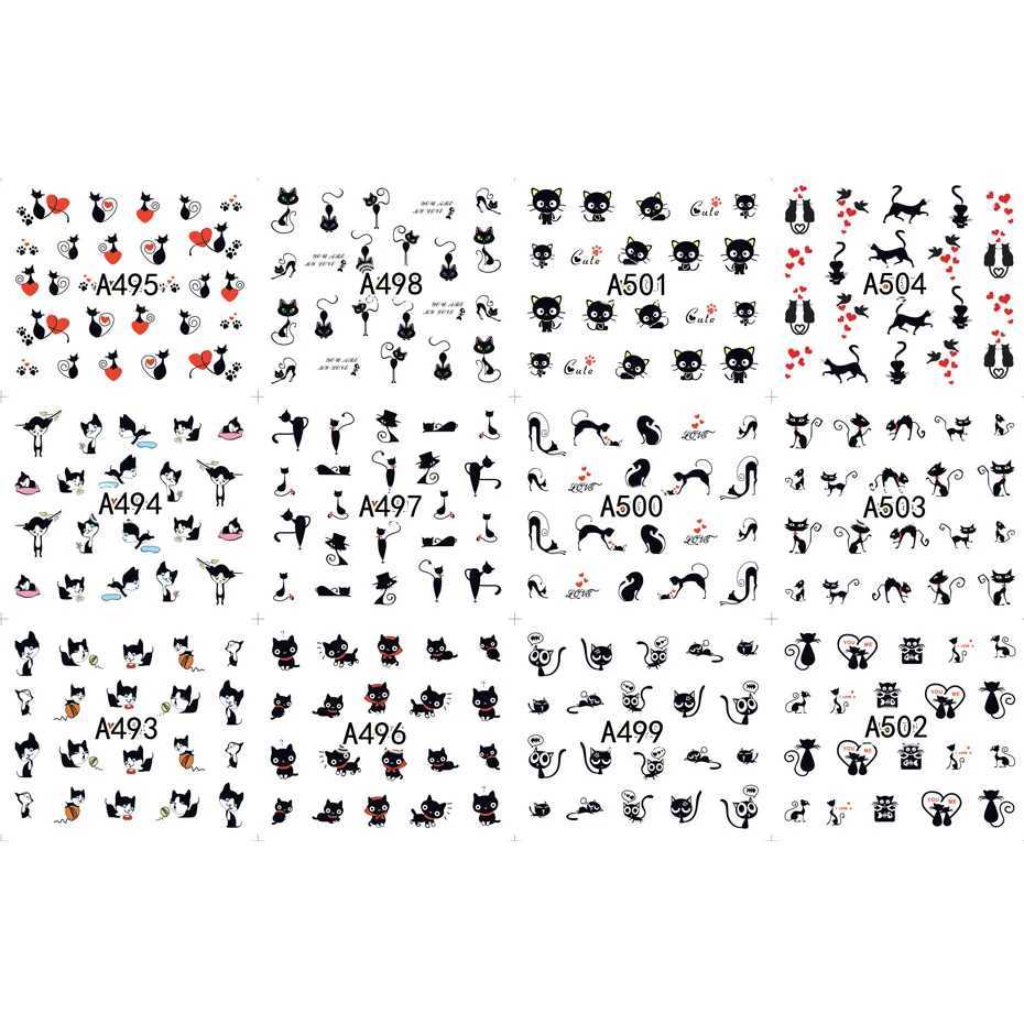 12pcs Black Cat Stickers Nail Decals Love Heart Cartoon Nail Art Water Sliders Tattoo Decorations Valentine Manicure TRA493-504XJ250120