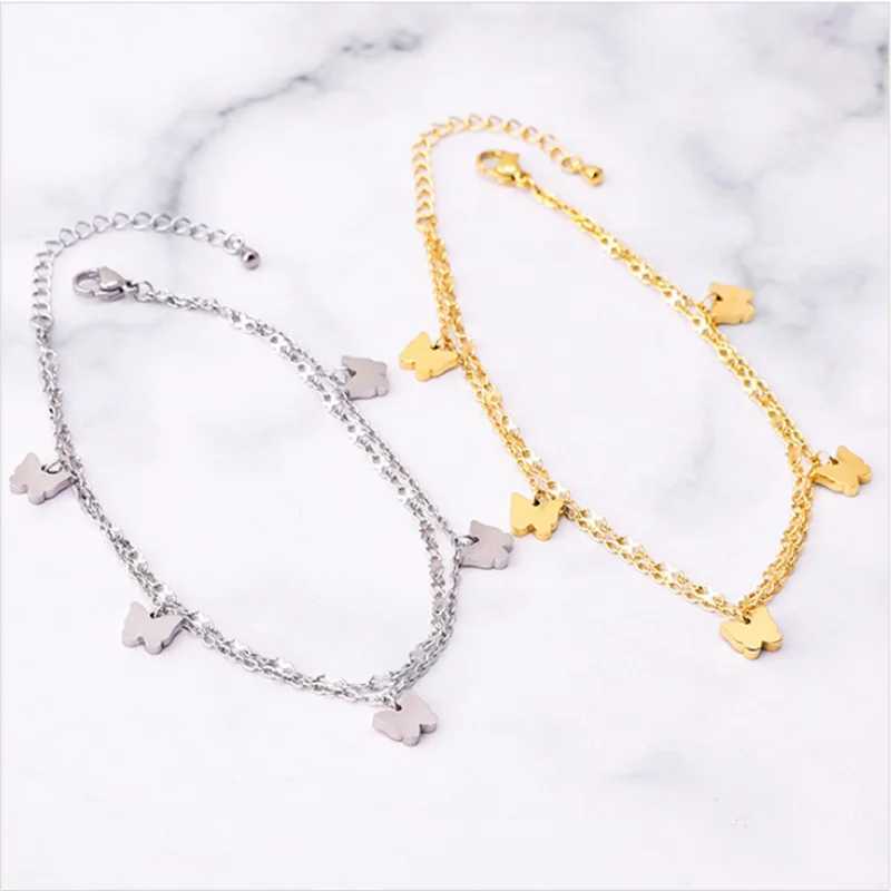 316L Stainl Steel New Fashion Jewelry 2 Layer Embedded In Natural Shells Hang 5 Butterflies Charm Chain Anklets For WomenXJ250121
