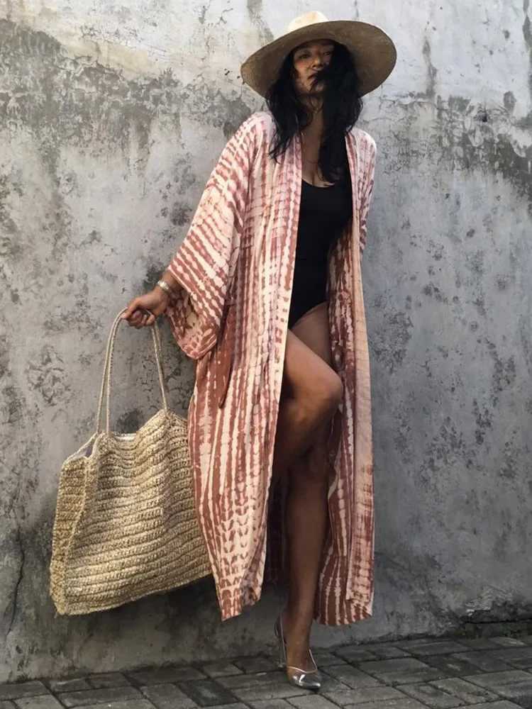 Bohemian striped tie swimsuit cover with Tunic Sarong cardigan Dr 2023 womens bikini cover beach wearing kimono Pareo W250120