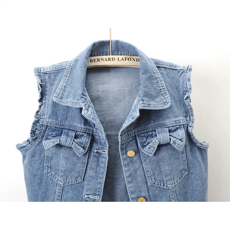 Vintage Blue Denim Vest Women Waistcoat Korean Cowboy Sleeveless Jacket Coat Spring Summer Bow Pocket Short Jeans Vest Female 250122