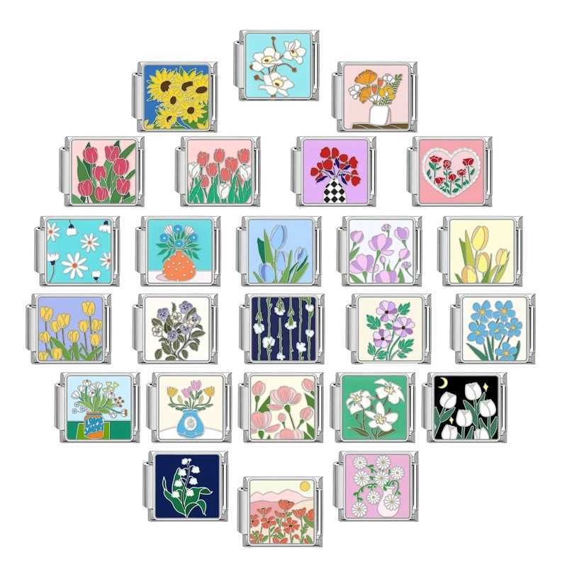 Creative Colored Flower Series Vase Rose Tulip Charm Bracelet Italian Links Fit 9mm Bracelet Stainless Steel Making Diy Jewelry W250121