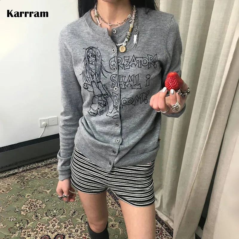 Karrram Japanese Y2k Anime Print Cardigans Vintage Harajuku Knitted Outerwears Korean Style Grey Knitwear American Retro 2000s 250122