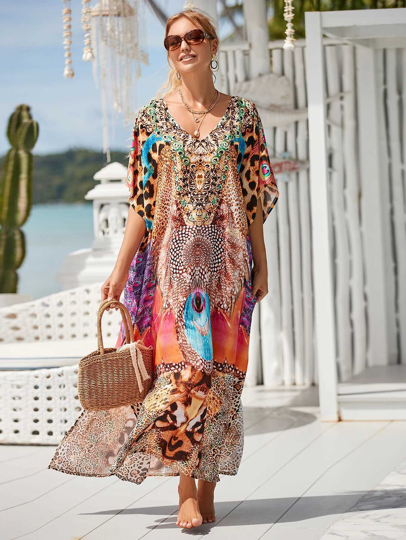 Boho Printed Kaftan Casual Summer Clothing 2024 Women Plus Size V Neck Batwing Sleeve Beachwear Cover Up Maxi Dr Robe Sarong W250120
