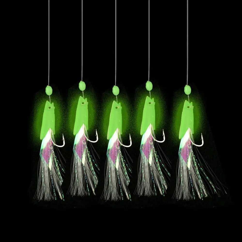 5Pcs/Set High Quality Carbon Steel Mackerel Feathers Bass Cod Lure Sea Fishing Luminous Fishing Hook Treble Bait Fishing WireXJ250122