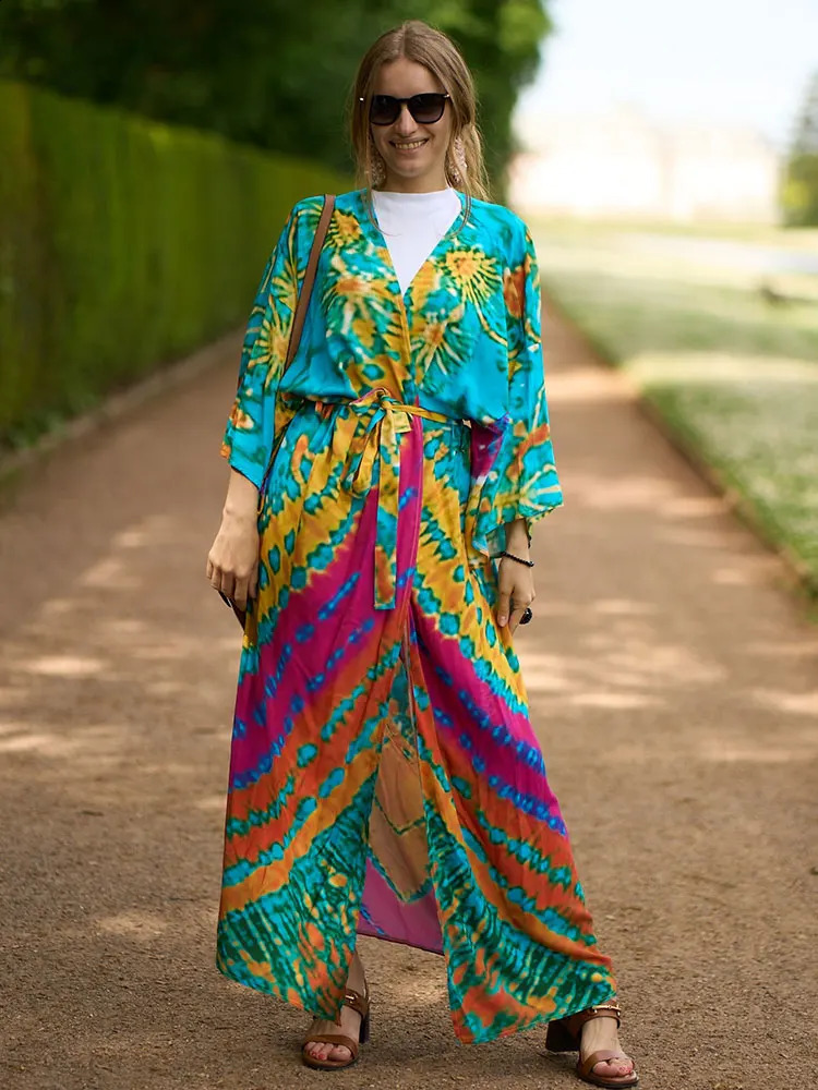 2024 Boho Printed Long Sleeve Belt Kimono Beach Dres Casual Tunic Beachwear Bathing Suit Coverups beach sail Q1451 250122