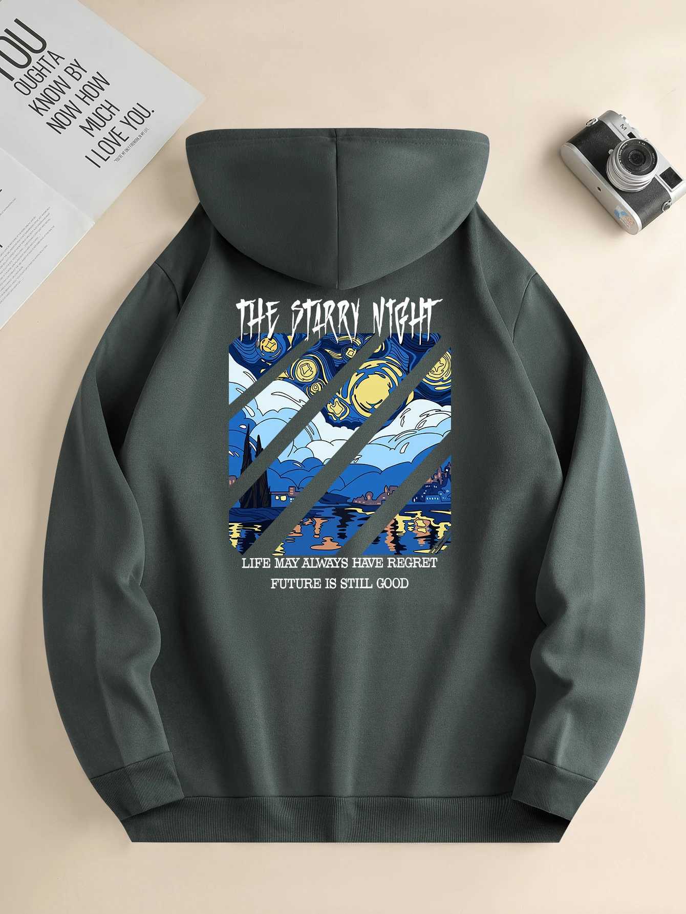Mens new trendy round neck sweatshirt casual daily comfortable round neck sports shirt with wave print mens topXJ2500118
