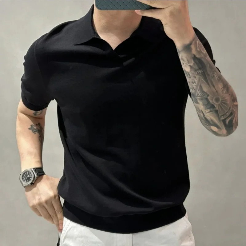 High quality fashionable simple casual summer pure thin polo shirt mens lapel patch work version short sleeved knitted top 250118